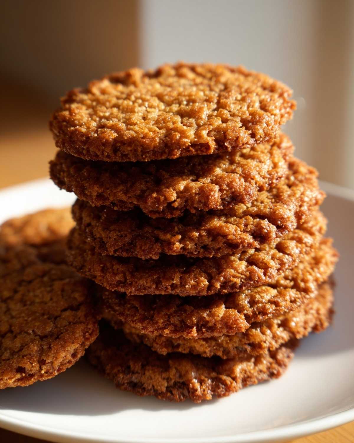 A tall stack of golden brown, crispy oatmeal lace cookies resting on a white plate.