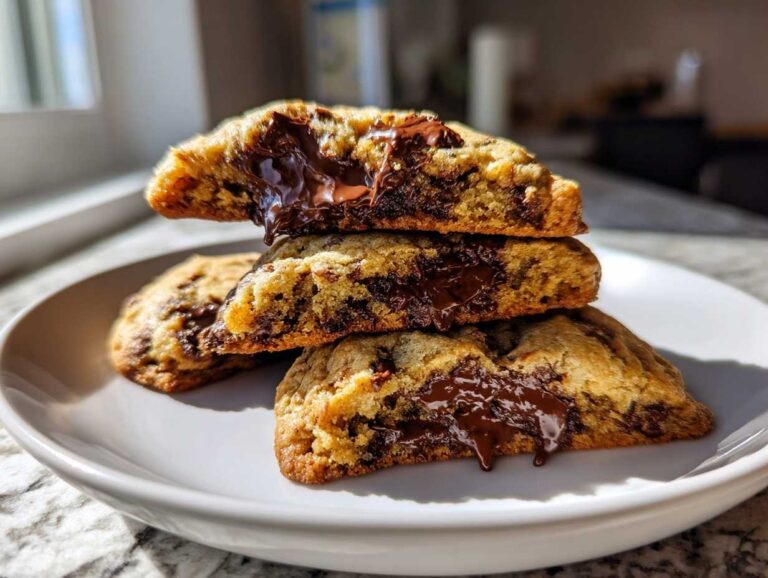 Three stacked vegan chocolate chip cookies showing gooey, melted chocolate oozing out of the center.