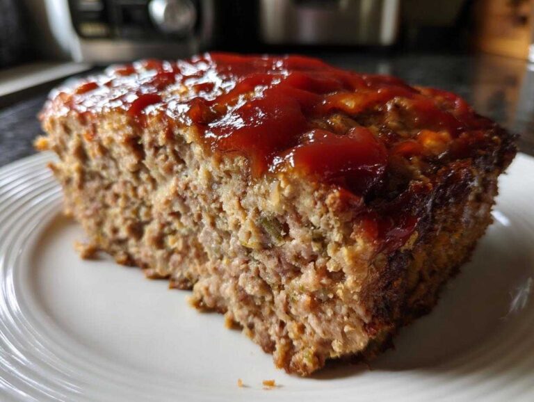 Close-up of a thick slice of stove top stuffing meatloaf topped with shiny red ketchup glaze on a white plate.