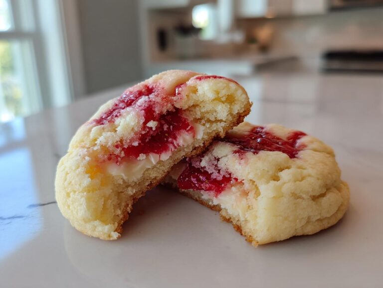 A strawberry cheesecake cookie broken in half showing the creamy filling and bright red strawberry topping.