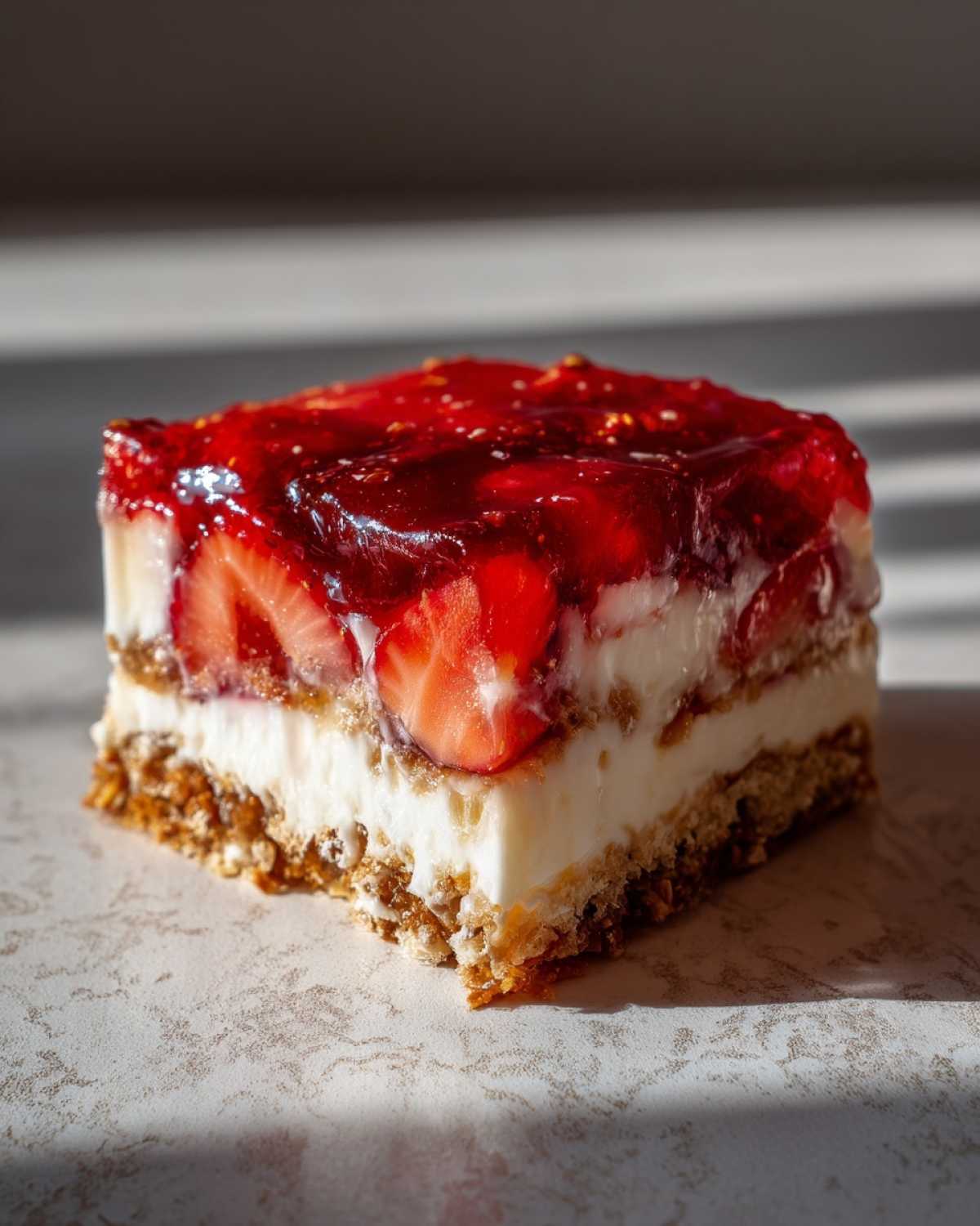 A close-up of a layered slice of strawberry pretzel salad with a crust, cream cheese layer, and strawberry gelatin topping.