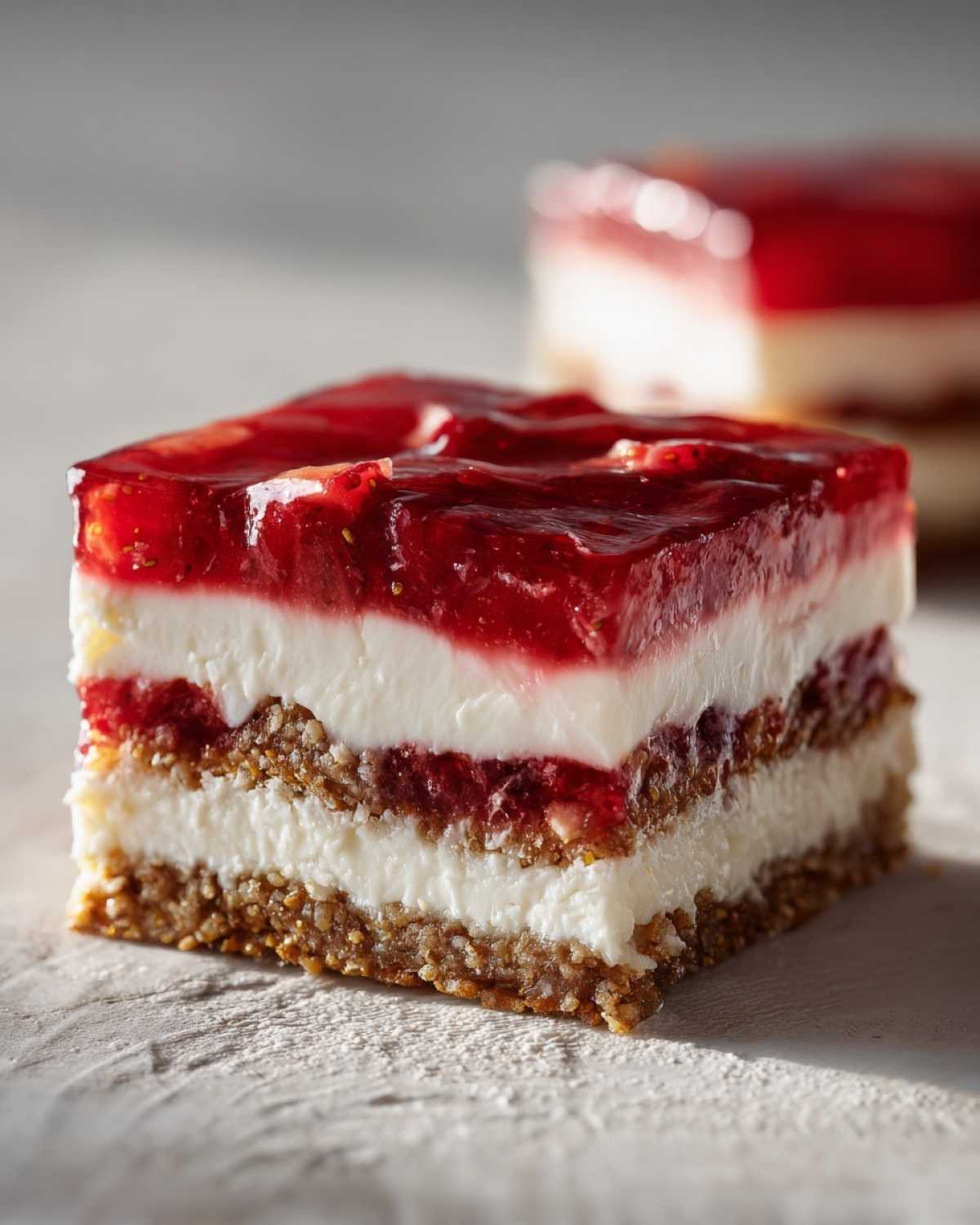 Close-up of a perfect square slice of strawberry pretzel salad showing layers of crust, cream cheese, and bright red gelatin topping.