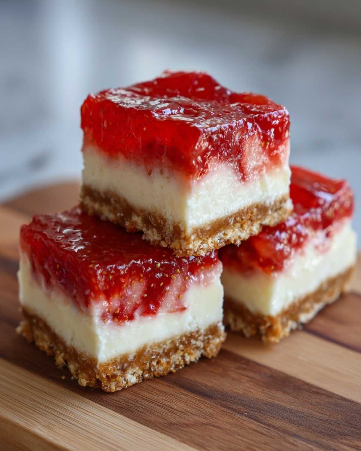 Three squares of strawberry pretzel salad stacked on a wooden board, featuring a pretzel crust, cream cheese layer, and strawberry gelatin topping.