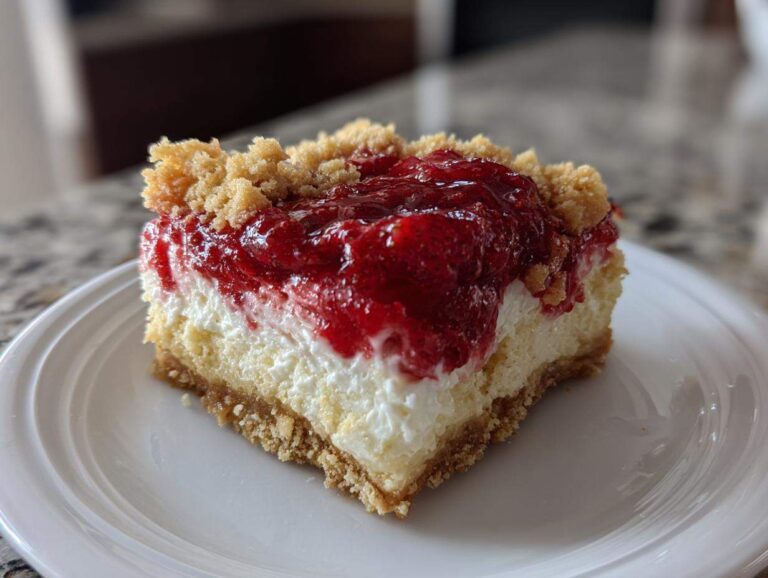 A close-up of a square slice of strawberry shortcake cheesecake on a white plate, featuring a graham cracker crust, creamy filling, and strawberry topping.