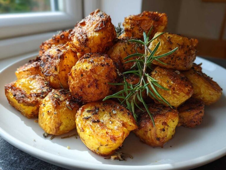 A pile of golden, crispy roast potatoes seasoned with herbs and garnished with fresh rosemary sprigs.