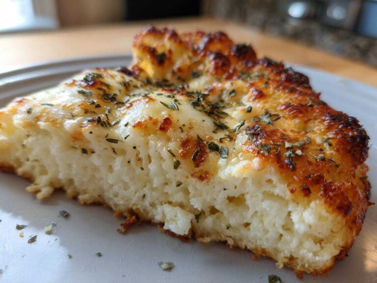 A thick, fluffy slice of cauliflower pizza crust topped with melted, browned cheese and dried herbs.