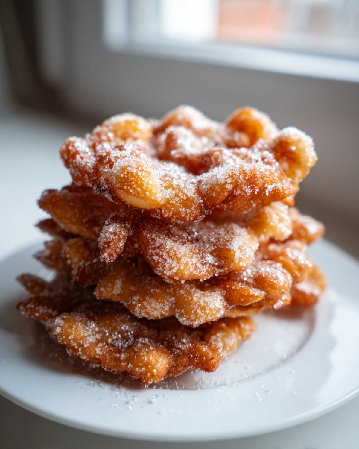 A stack of golden brown, crispy buñuelos heavily dusted with granulated sugar, resting on a white plate.