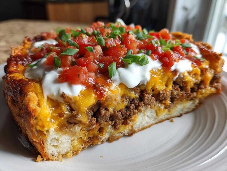 A thick slice of homemade taco pie showing a biscuit-like crust, seasoned ground beef, melted cheese, sour cream, salsa, and green onions.