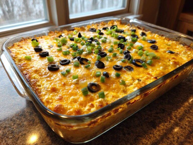 A baked texas trash dip topped with melted cheese, sliced black olives, and green onions in a clear glass baking dish.