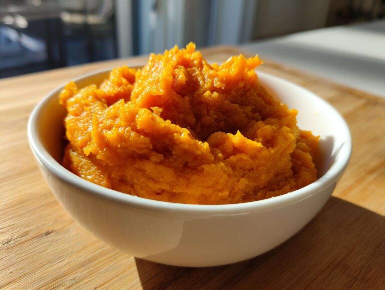 A close-up of thick, vibrant orange homemade pumpkin puree mounded in a small white bowl.