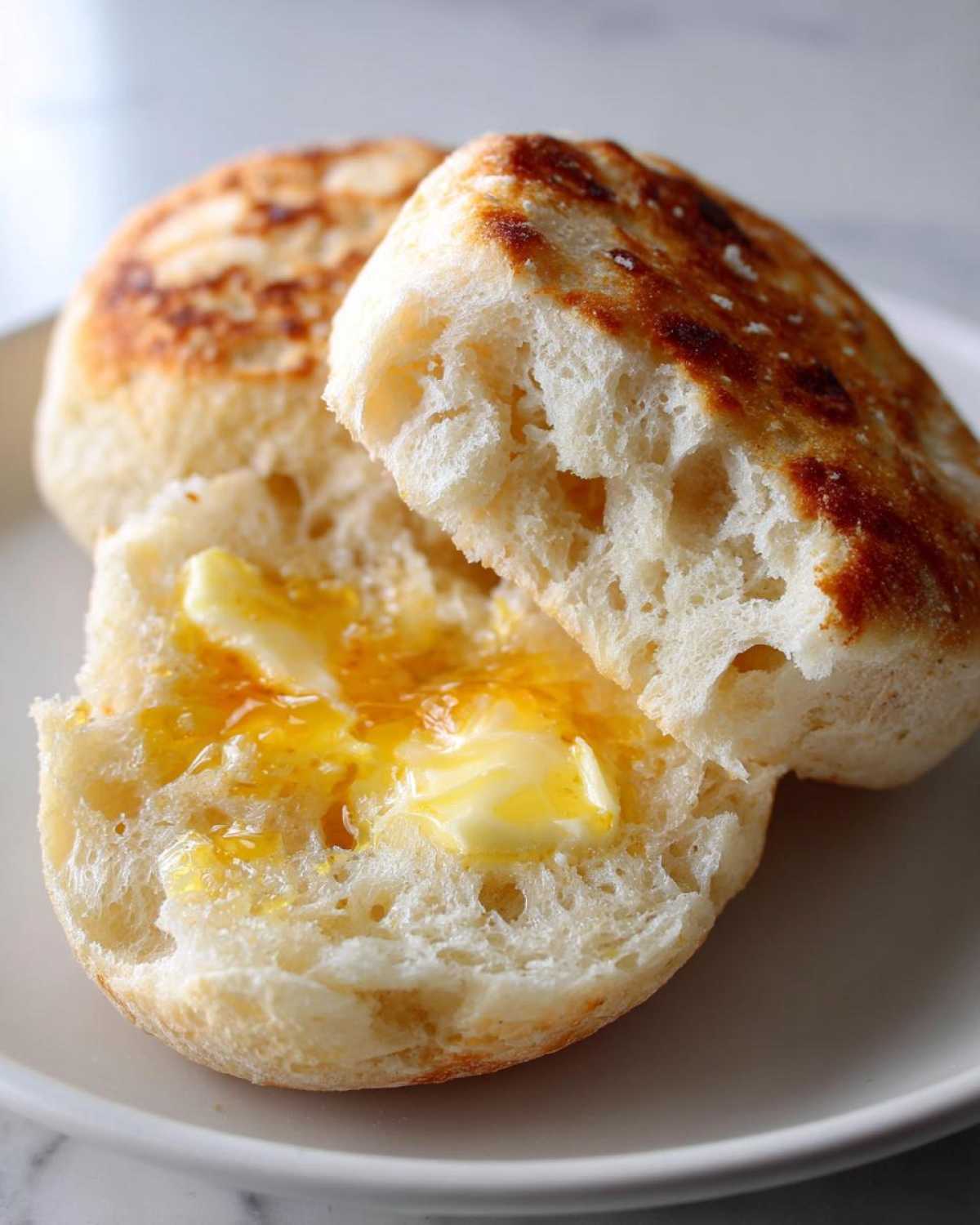 A toasted English muffin split open, showing its nooks and crannies filled with melting butter and orange jam.