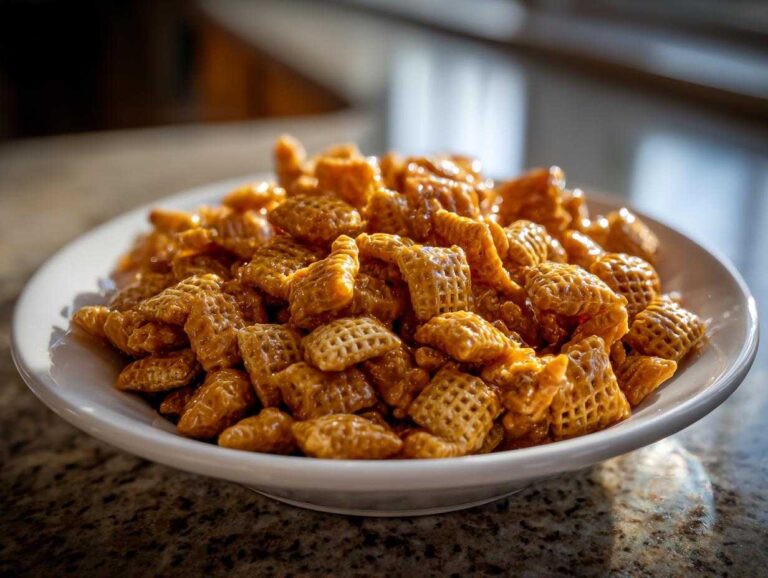Close-up of a white bowl filled with shiny, golden-brown toffee chex mix recipe pieces.