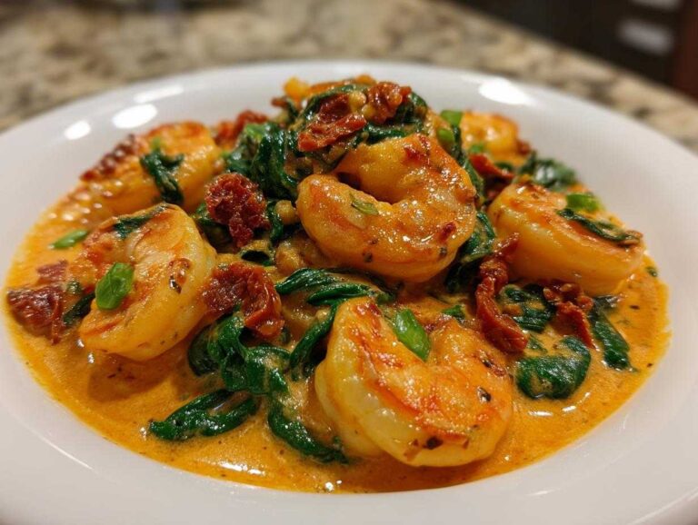 Close-up of succulent shrimp swimming in a rich, creamy sauce with wilted spinach and sun-dried tomatoes, featuring the Tuscan shrimp recipe.