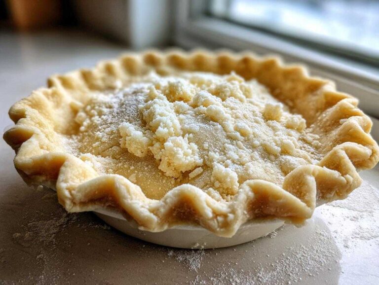 Close-up of an unbaked pie crust recipe shell with a crumb topping, showing crimped edges.