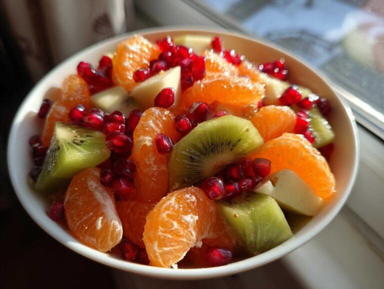 Close-up of a bright winter fruit salad featuring mandarin segments, kiwi chunks, and pomegranate seeds in a white bowl.