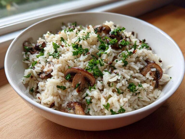 A white bowl filled with fluffy white rice, sautéed mushrooms, and fresh parsley, showcasing the finished mushroom rice dish.