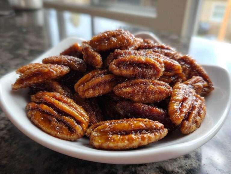 A close-up shot of freshly made candied pecans piled high in a small white serving dish.
