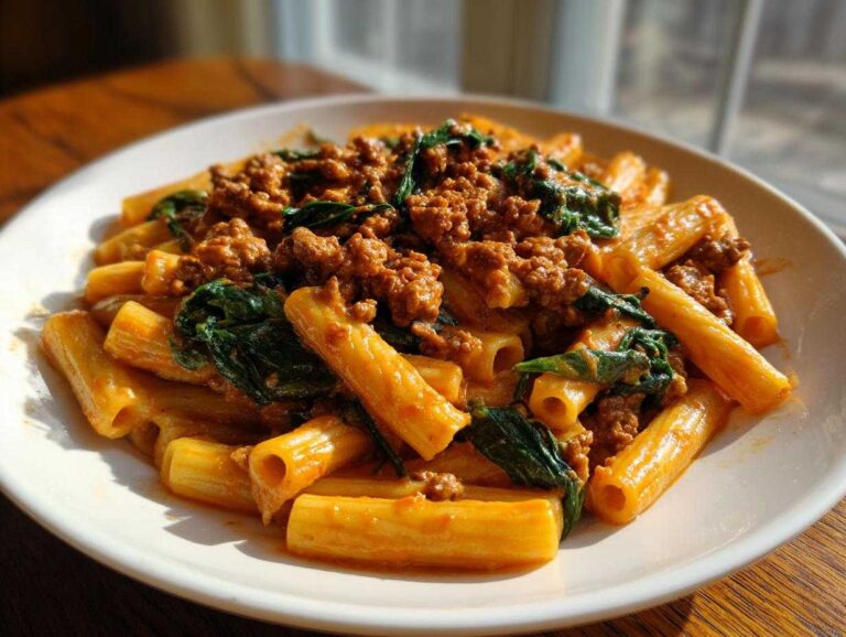 A close-up of a white plate filled with rigatoni pasta, rich tomato sauce, crumbled Italian sausage, and wilted spinach, representing the 30-minute italian sausage pasta.