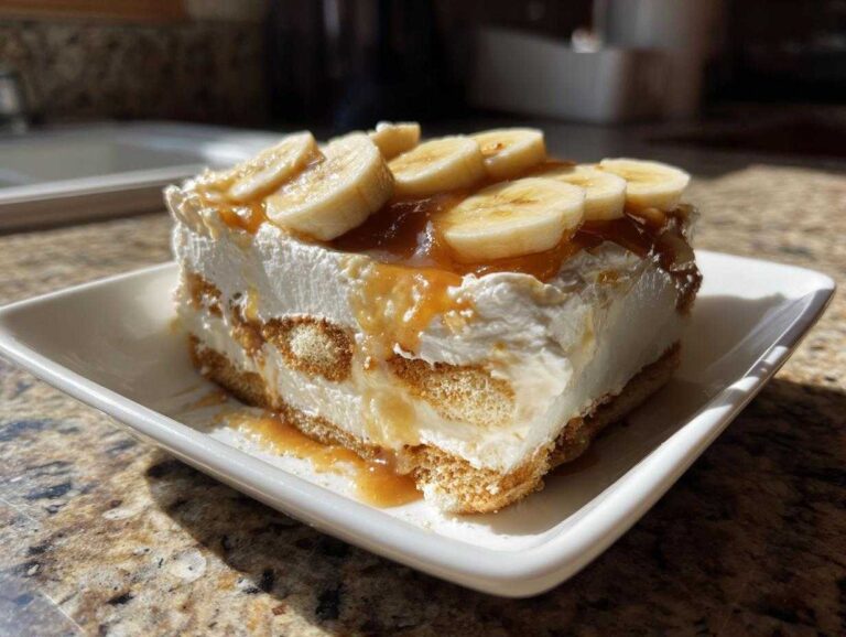 A layered slice of 350-calorie banana pudding topped with whipped cream, caramel sauce, and fresh banana slices.