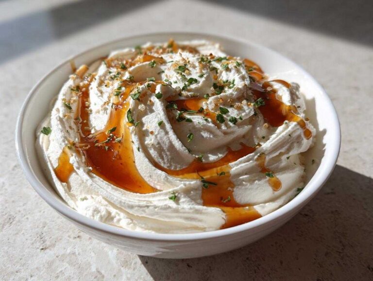 A close-up of a bowl of fluffy whipped ricotta dip drizzled with amber honey and topped with herbs.