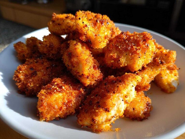A close-up of golden brown, seasoned air fryer boneless chicken bites piled high on a white plate.