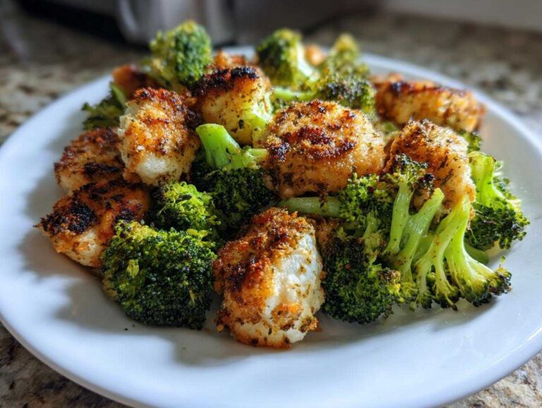 Close-up of crispy, golden-brown air fryer chicken bites mixed with bright green roasted broccoli florets on a white plate.
