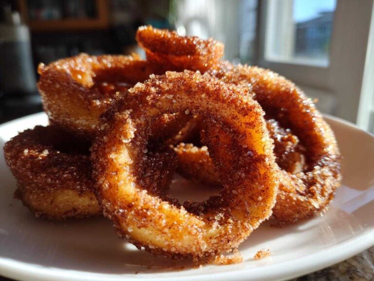 A close-up stack of golden brown air fryer cinnamon apple rings heavily coated in cinnamon sugar.
