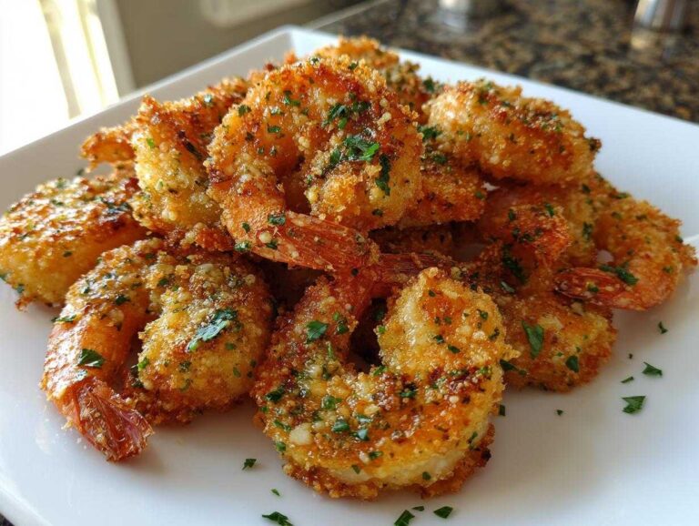 A close-up of golden, crispy air fryer garlic parmesan shrimp piled high on a white plate, garnished with parsley.