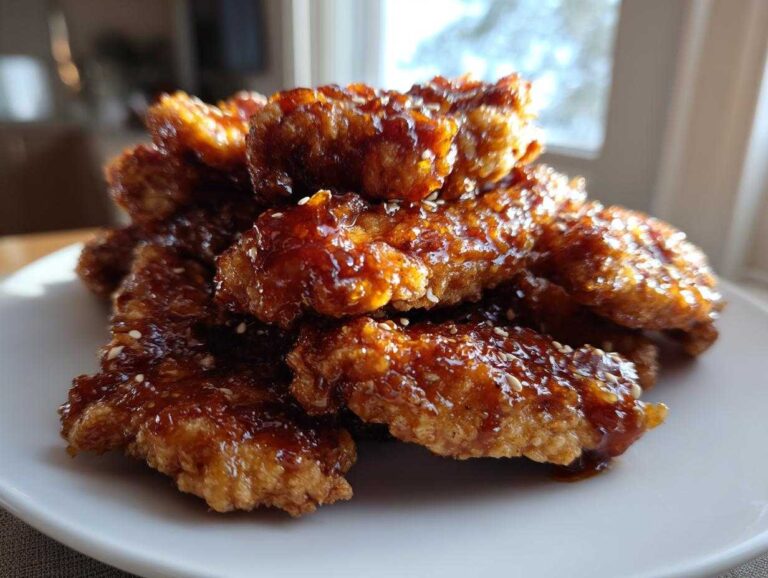 A pile of crispy air fryer honey butter garlic chicken tenders coated in a shiny, dark glaze and sprinkled with sesame seeds.