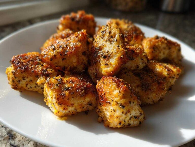 Close-up of golden brown, seasoned air fryer lemon chicken bites piled on a white plate.