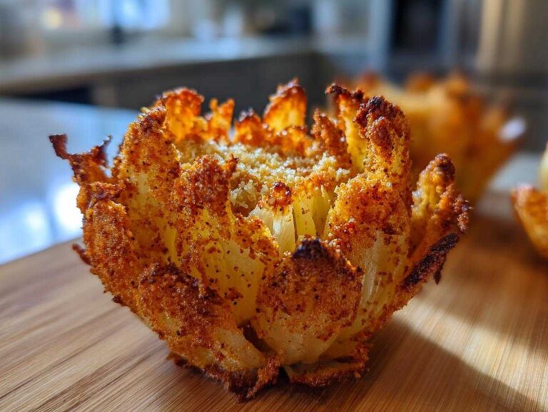 A close-up of a perfectly cooked, crispy air fryer mini blooming onion on a wooden board.