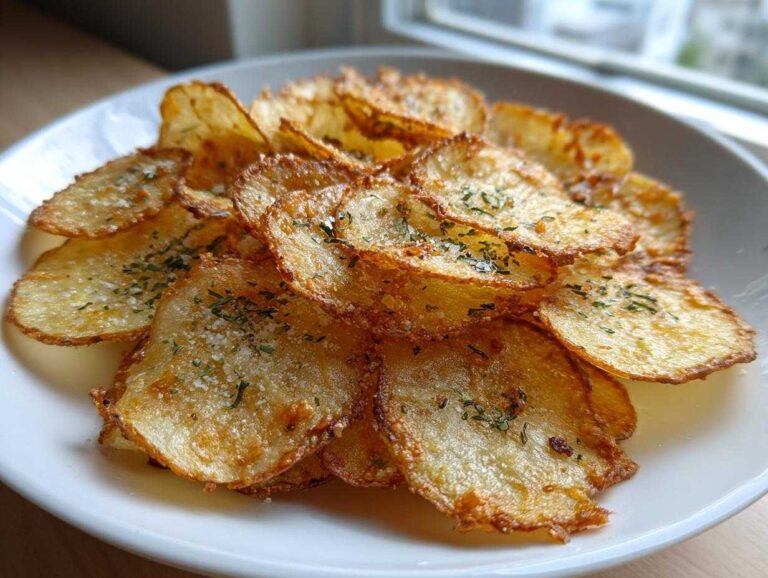 A white plate piled high with golden brown, crispy air fryer potato chips seasoned with salt and dried herbs.