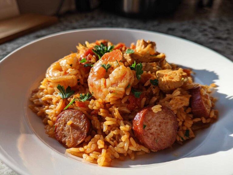 A close-up of a white bowl filled with flavorful jambalaya featuring shrimp, sliced andouille sausage, and chicken pieces.