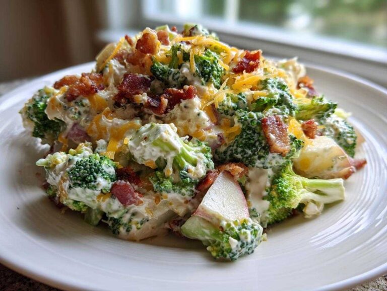 A close-up serving of amazing apple broccoli salad tossed in creamy dressing, topped with shredded cheese and crispy bacon bits.
