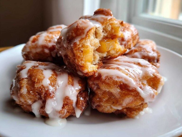 A stack of golden brown, glazed apple fritter bites, with one broken open showing soft apple pieces inside.