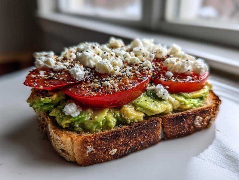 Close-up of an amazing avocado tomato sandwich featuring mashed avocado, bright red tomato slices, feta cheese, and everything bagel seasoning on toasted bread.
