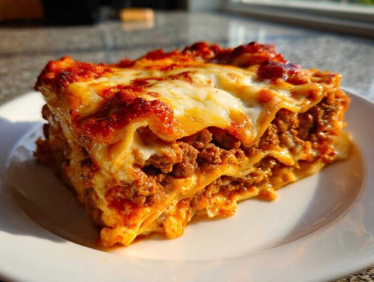 A close-up, featured photo of a rich, layered slice of beef enchilada casserole with melted cheese.