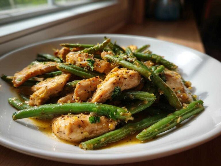 Close-up of tender chicken pieces mixed with bright green beans in a savory sauce, featuring the chicken and green beans recipe.