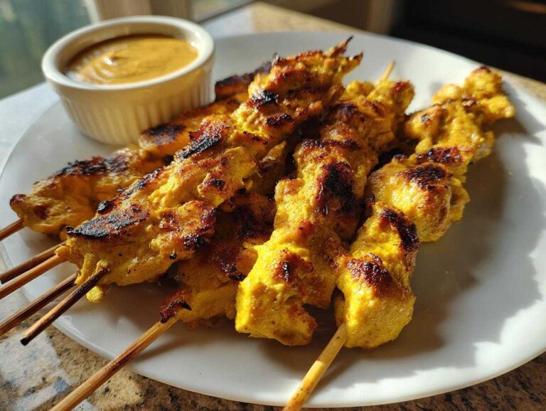 Close-up of grilled, yellow-marinated chicken satay skewers served on a white plate next to a small bowl of peanut sauce.