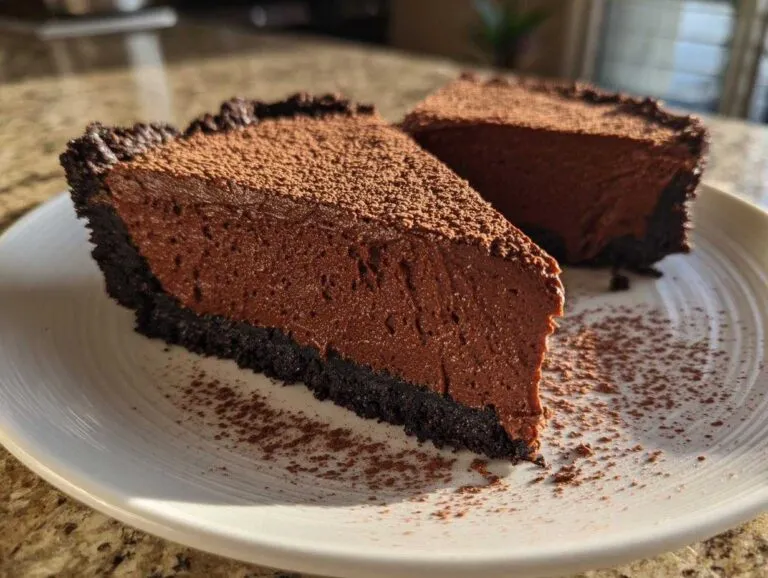Two rich slices of amazing chocolate truffle pie with a dark crust, dusted with cocoa powder.