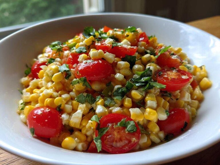 Close-up of a vibrant corn salad featuring bright yellow kernels, halved cherry tomatoes, and fresh cilantro.