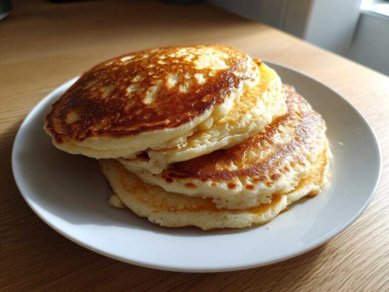 A stack of three thick, golden-brown discard pancakes resting on a white plate.
