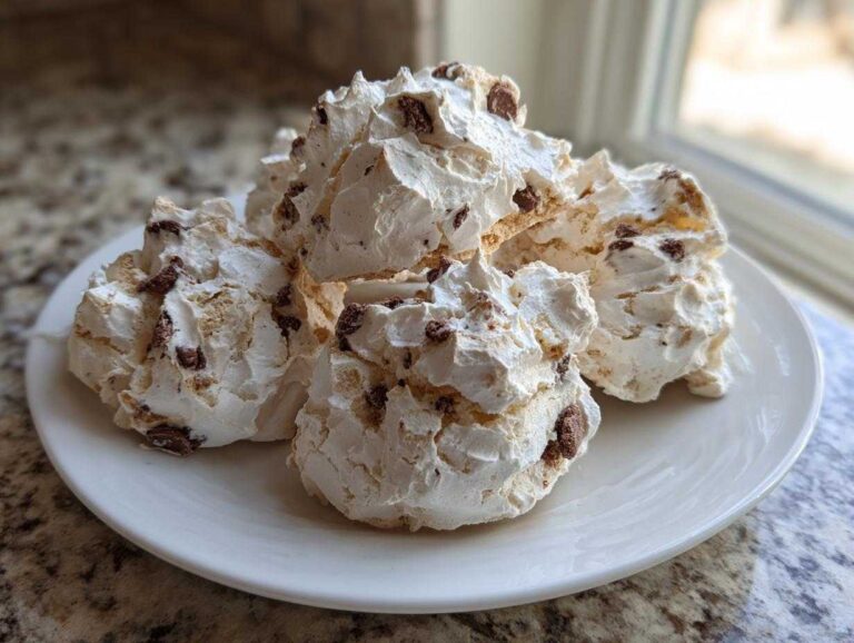 A stack of light, airy forgotten cookies mixed with small chocolate chips served on a white plate.