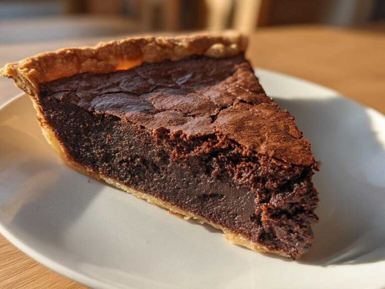 A close-up shot of a generous slice of amazing fudge pie with a rich, dark chocolate filling and flaky crust.