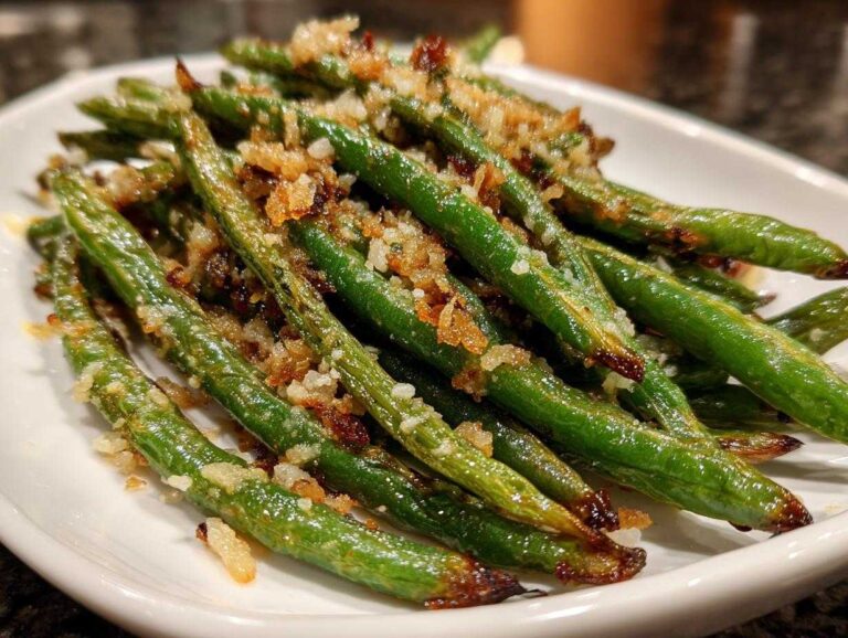 A close-up of bright green beans roasted until slightly charred and topped with crispy garlic and breadcrumbs.