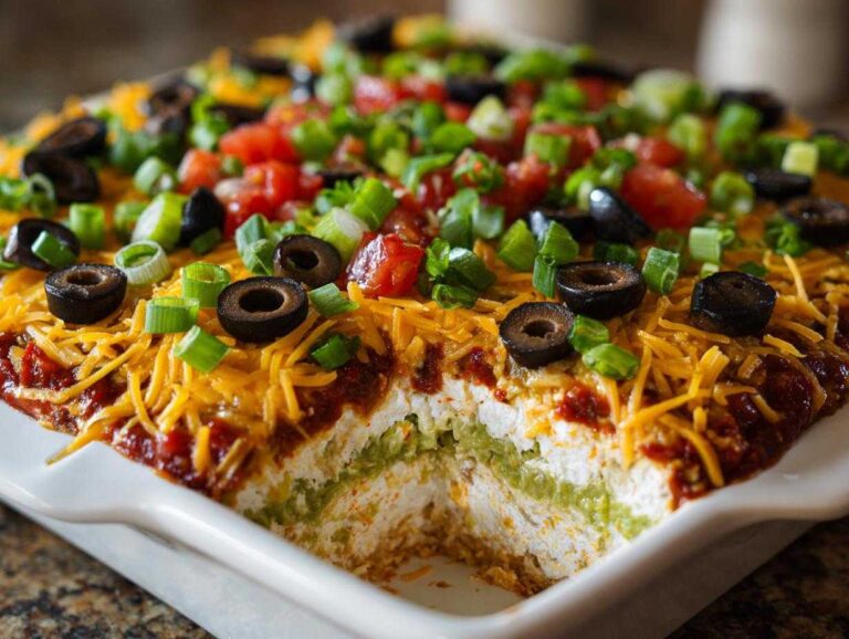 A serving dish of colorful hissy fit dip showing layers of cream cheese, guacamole, salsa, shredded cheese, olives, and green onions.
