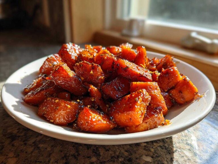 A plate piled high with glistening, caramelized honey glazed carrots, seasoned with spices.