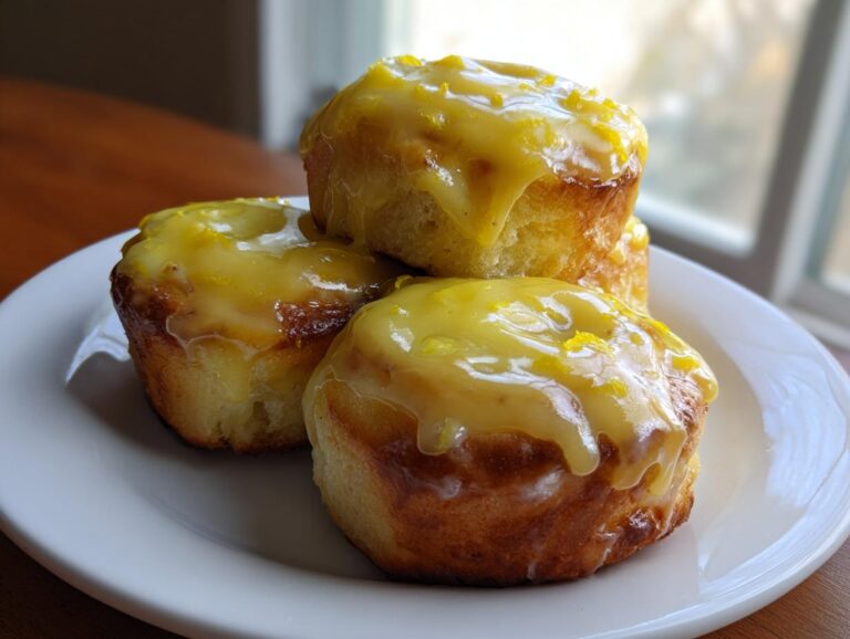 Close-up of three freshly baked lemon rolls stacked on a white plate, generously topped with bright yellow lemon glaze and zest.