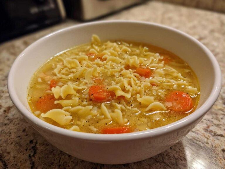 A close-up shot of a white bowl filled with amazing pastina soup, featuring small pasta shapes and sliced carrots in a savory broth.