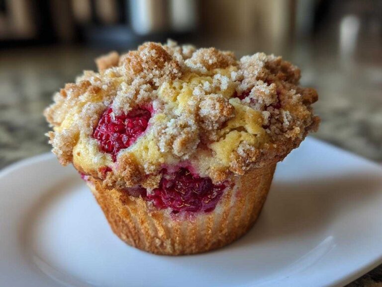 A close-up of a single, golden raspberry muffins topped with a generous brown sugar crumb topping.